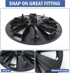 Close-up of the 19-inch Matt Black Bladed wheel cover installed on Model Y