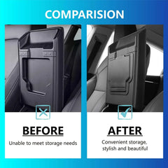 Before and after installation of the armrest secret compartment in Model 3 and Model Y