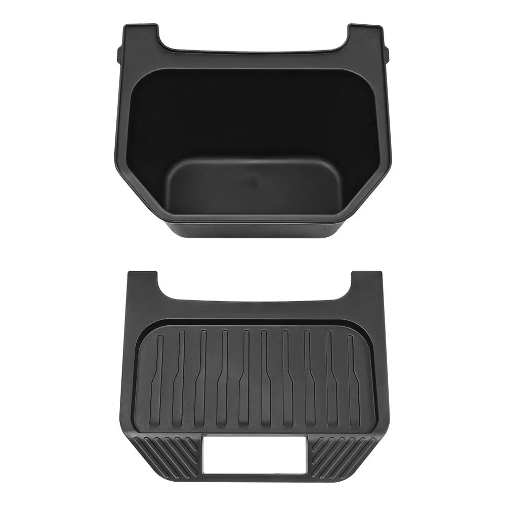 Backseat storage bin with removable lid and storage compartment components