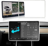 Before and after installing the edge guard screen decor protector on the Tesla touchscreen
