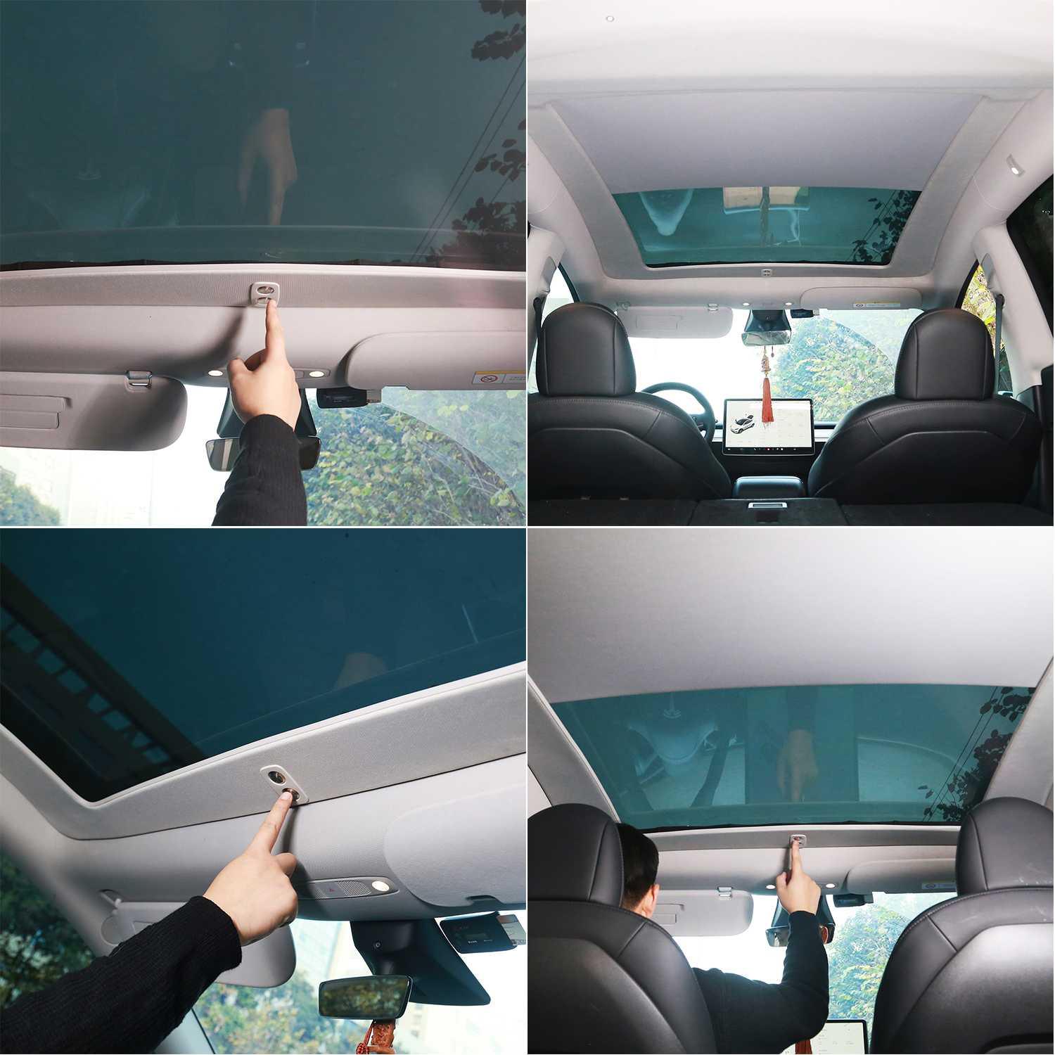 Electric sunshade sunroof in use inside Model Y