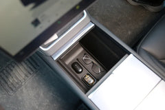 Lower centre console organiser liner allowing easy access to the USB-C ports in Model Y