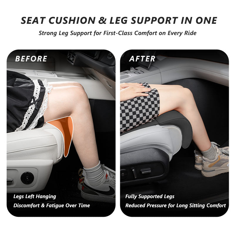 Before and after installing the Nappa leather front seat leg support cushion