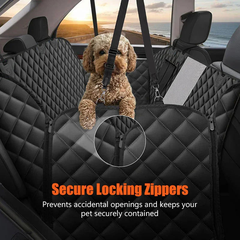 Dog travelling in the pet hammock back seat protector