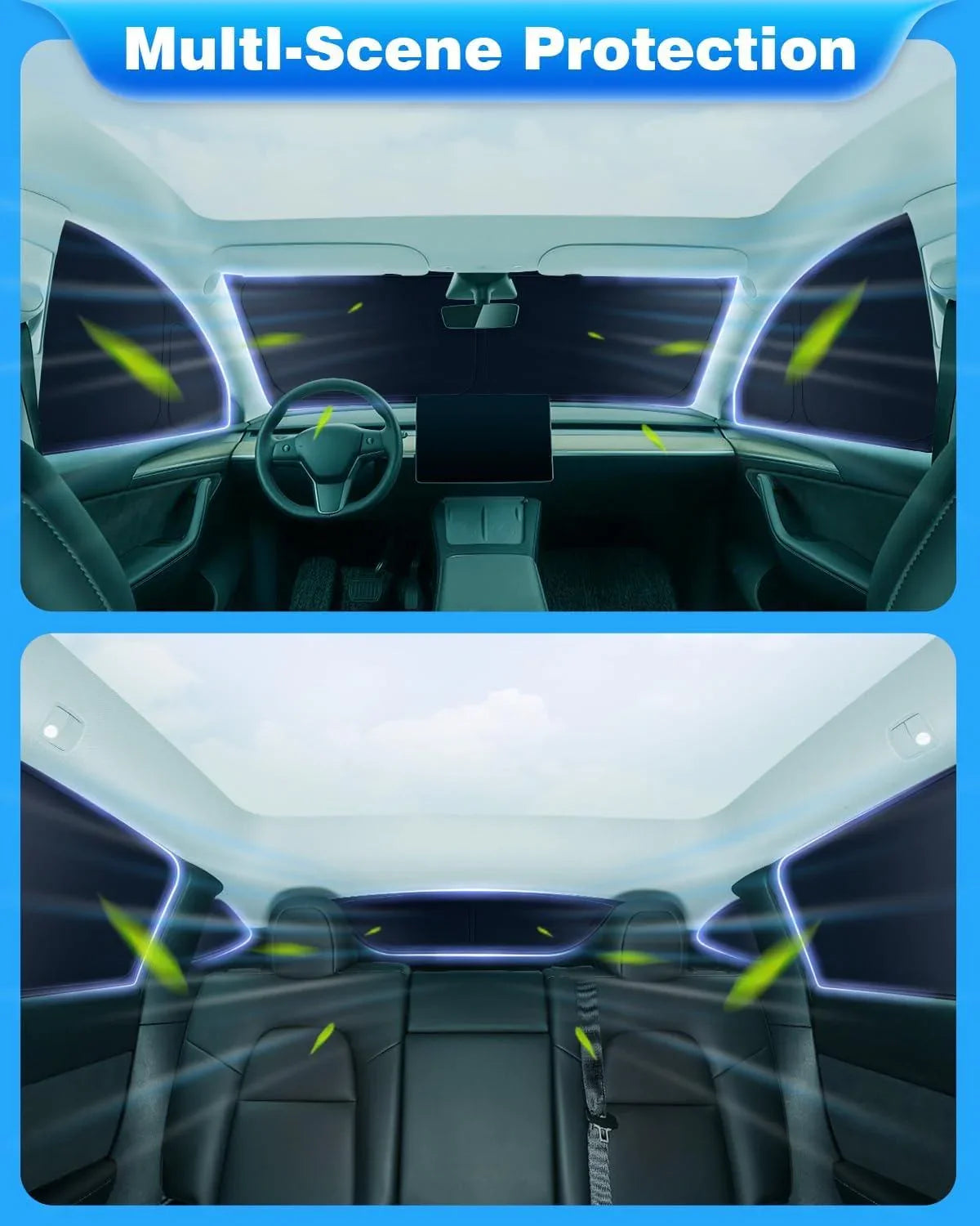 Privacy curtains and window sunshades installed throughout the Model Y cabin