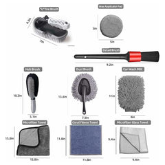 Car cleaning kit including brushes, wash mitt, towels, wax pad and storage bag