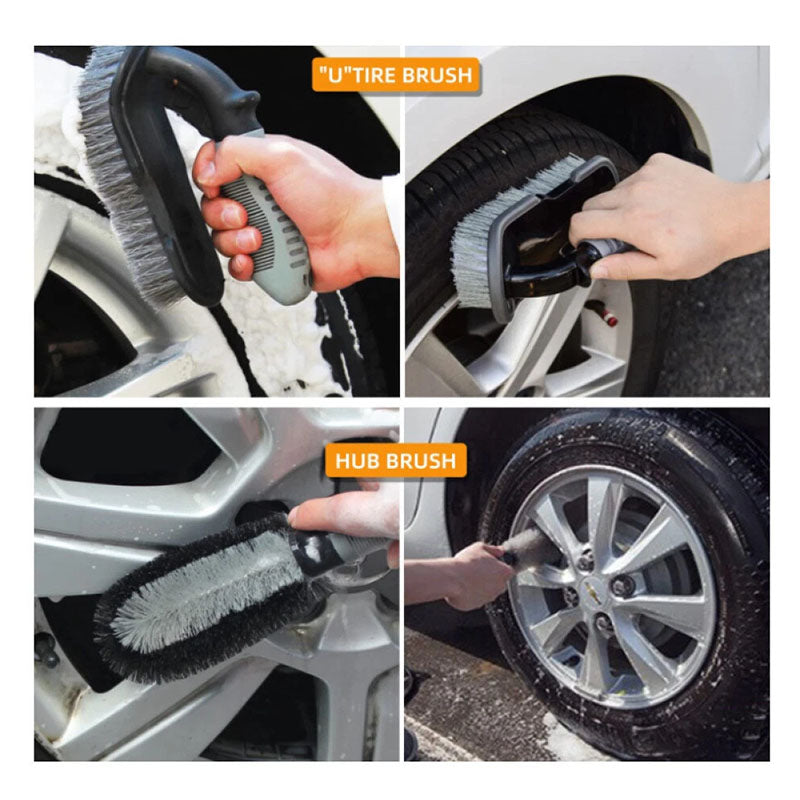 Wheel hub brush cleaning vehicle wheels safely without scratching