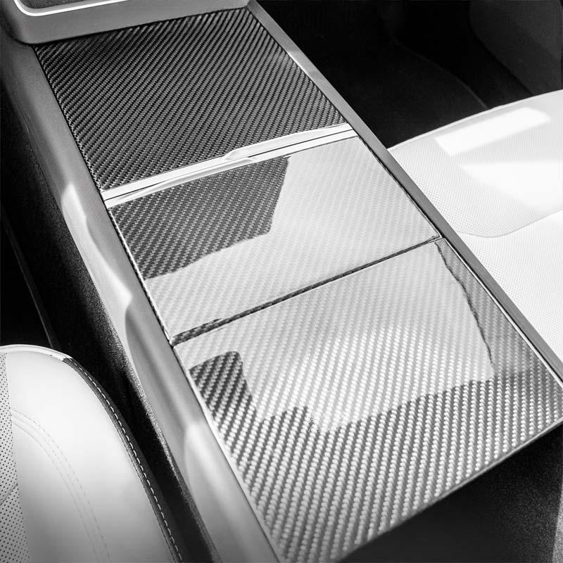 Real carbon fibre centre console storage lid cover trim installed in Tesla Model 3 and Model Y