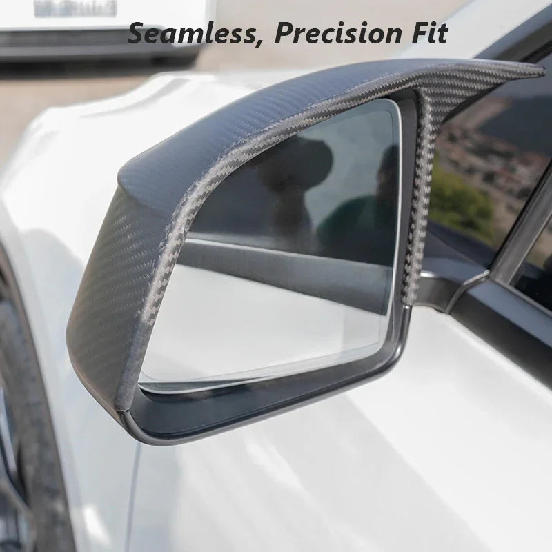 Rear view mirror covers installed on Model Y