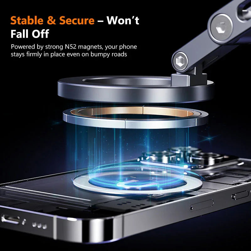 Foldable magnetic dash phone holder with a compact space-saving design