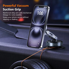 Vacuum suction magnetic phone holder with a reinforced alloy arm