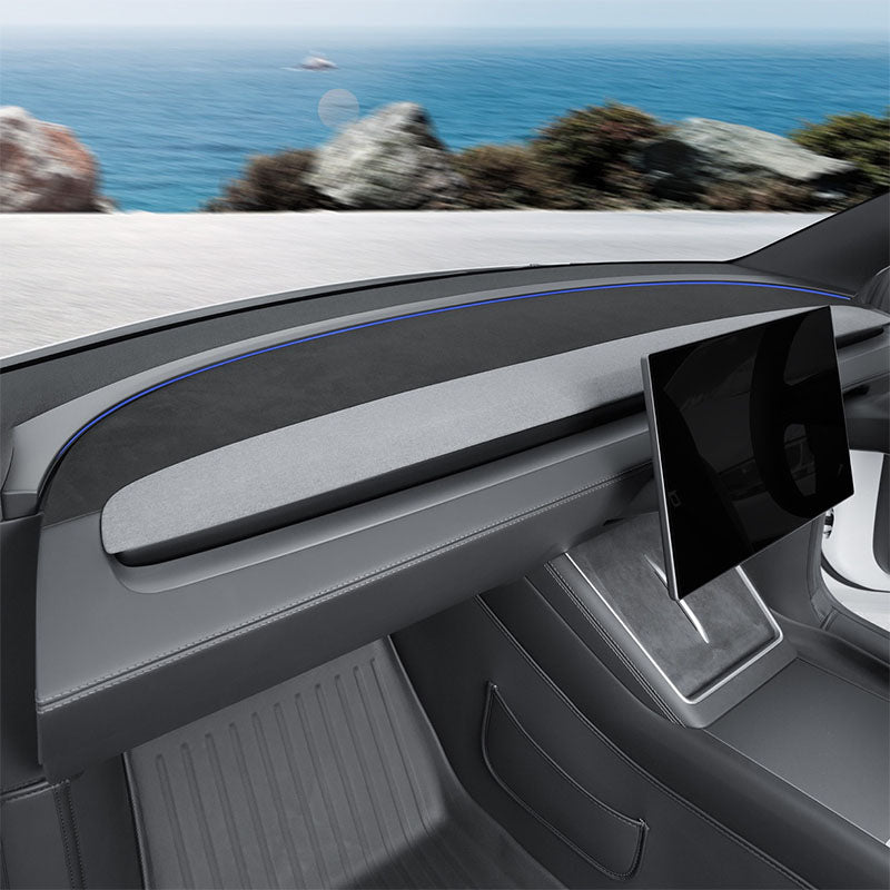 Custom-fit anti-glare dash mat following the contours of the Tesla Model Y dashboard