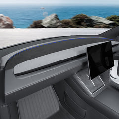 Custom-fit anti-glare dash mat following the contours of the Tesla Model Y dashboard