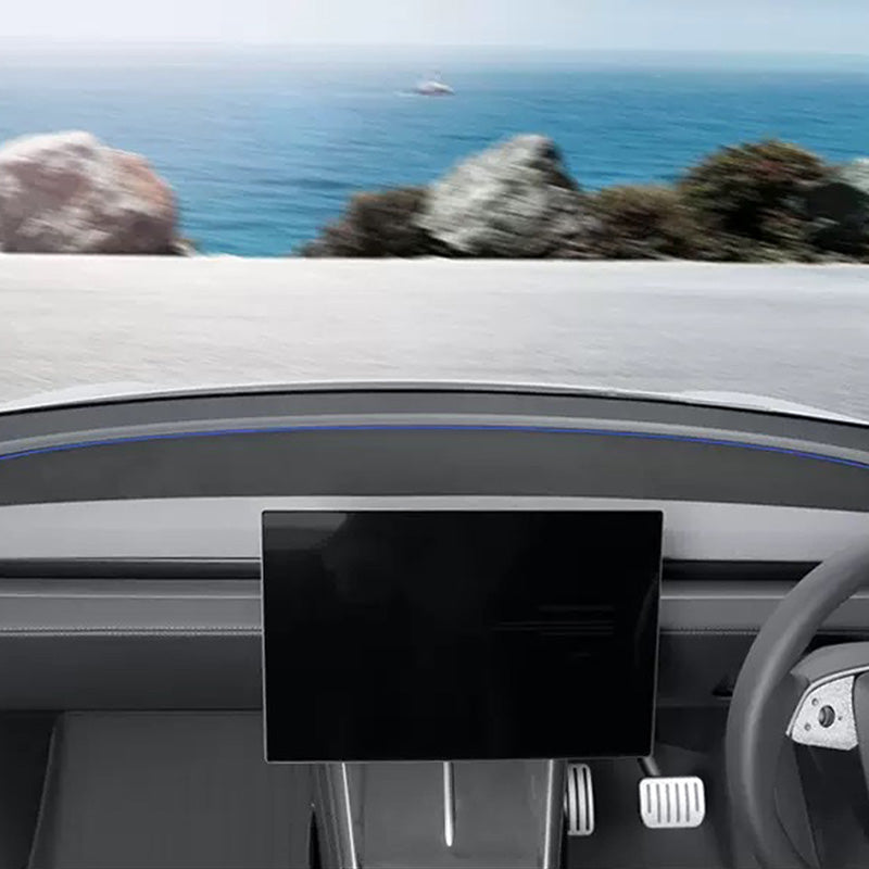 Black dashboard cover mat installed inside a Tesla Model Y