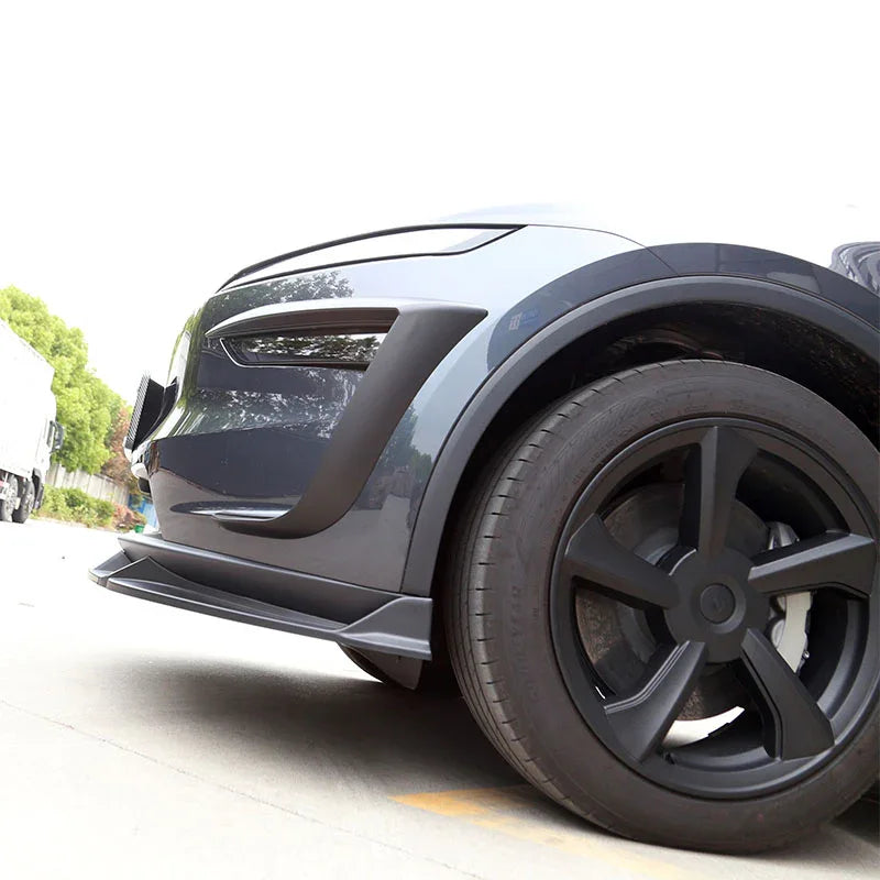 Side view of the wind deflector headlight trim installed on Model Y