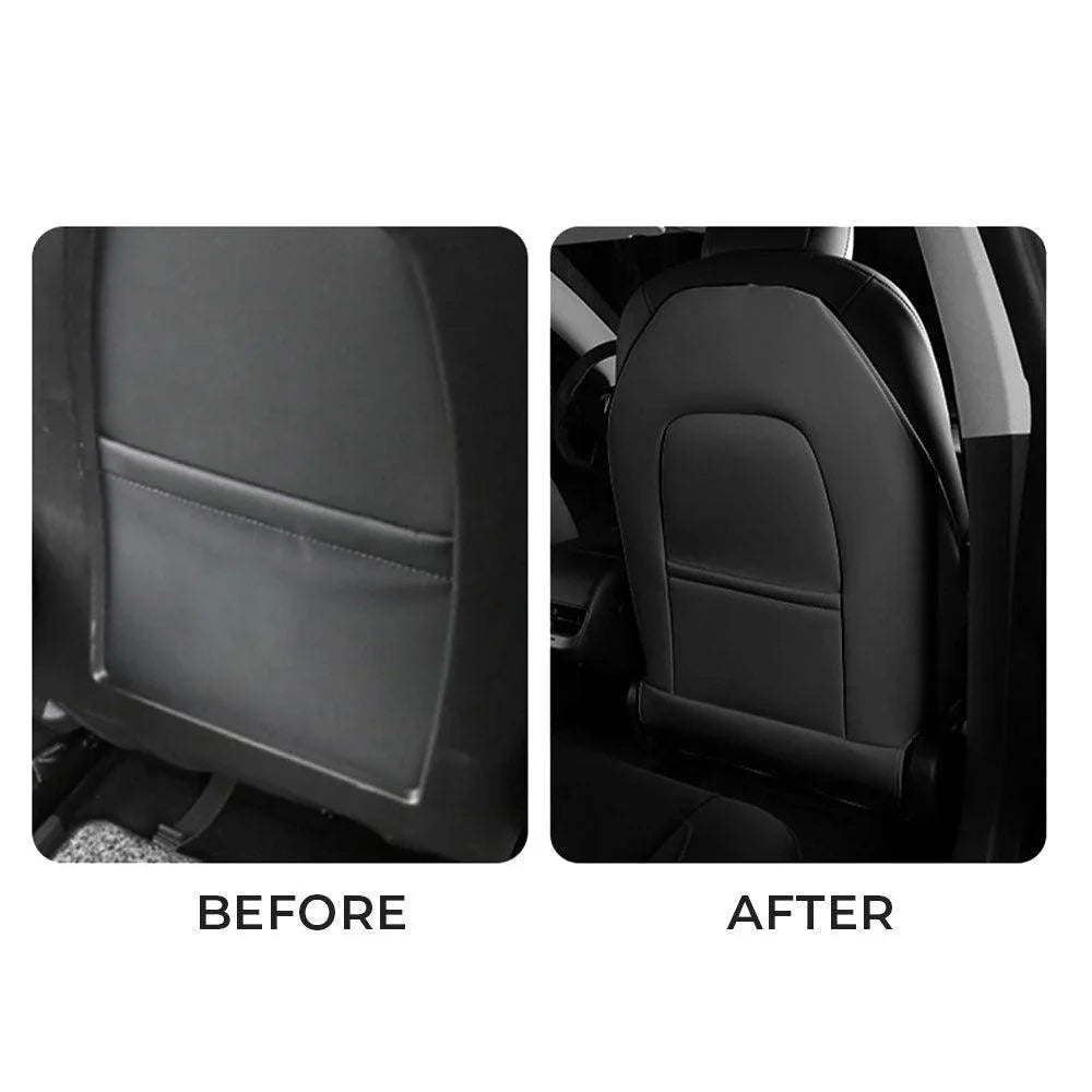 Before and after comparison of front seat back protectors installed on Tesla seats