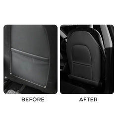 Before and after comparison of front seat back protectors installed on Tesla seats
