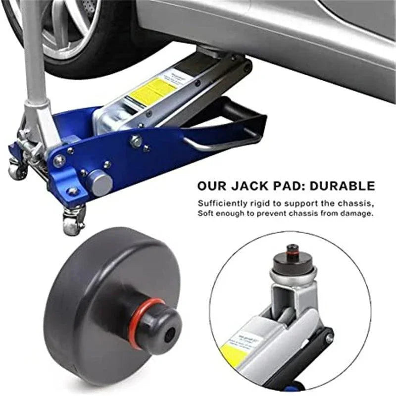 Tesla jack pad positioned on a vehicle jack before lifting