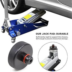 Tesla jack pad positioned on a vehicle jack before lifting