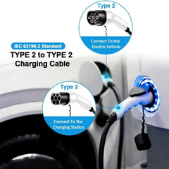 Type 2 charging cable compatible with Type 2 electric vehicles and charging stations