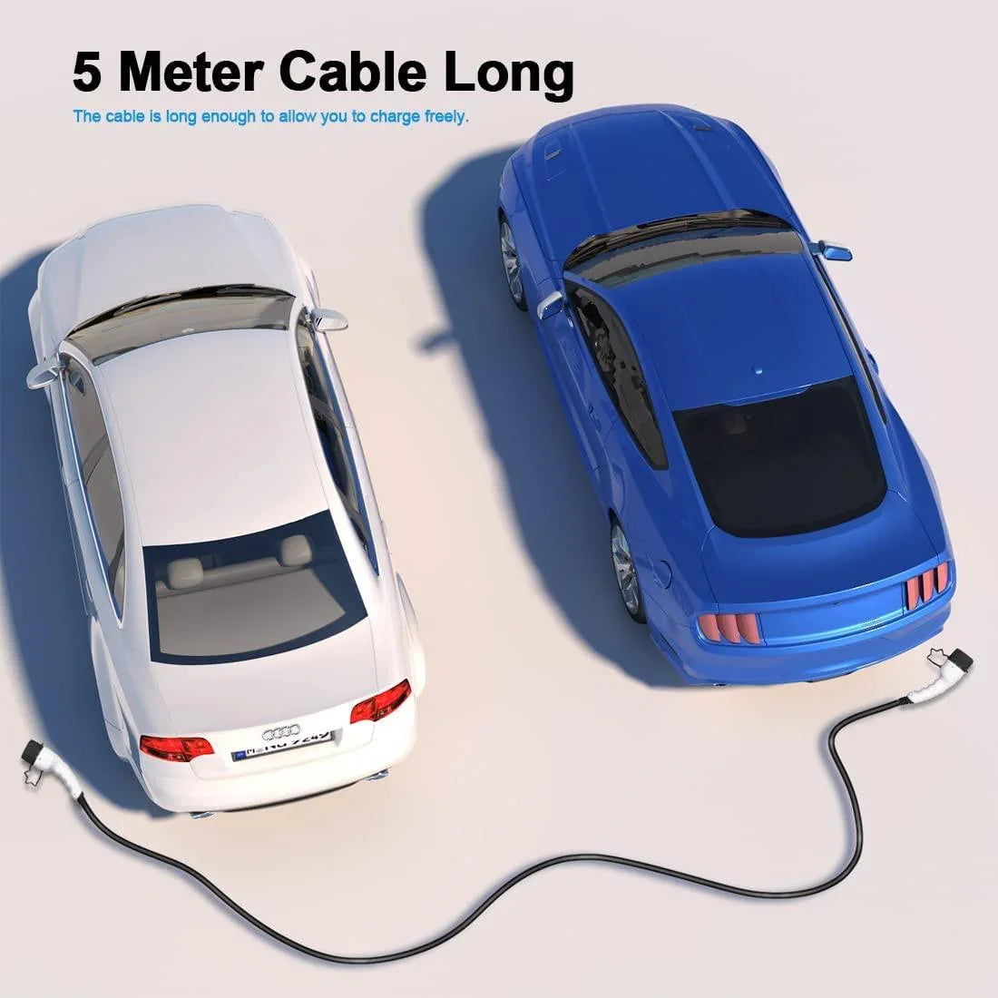 Type 2 to Type 2 EV charging cable connected between an electric vehicle and a charging station