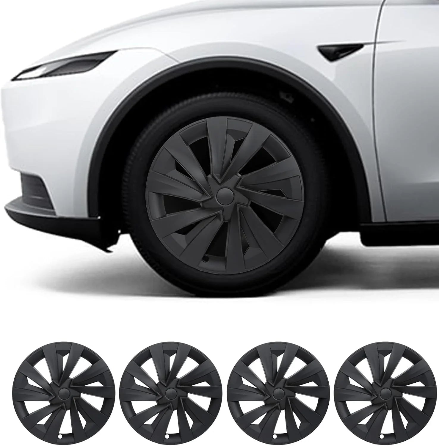19-inch Matt Black Bladed wheel covers installed on Model Y 2025–2026