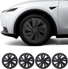 19-inch Matt Black Bladed wheel covers installed on Model Y 2025–2026