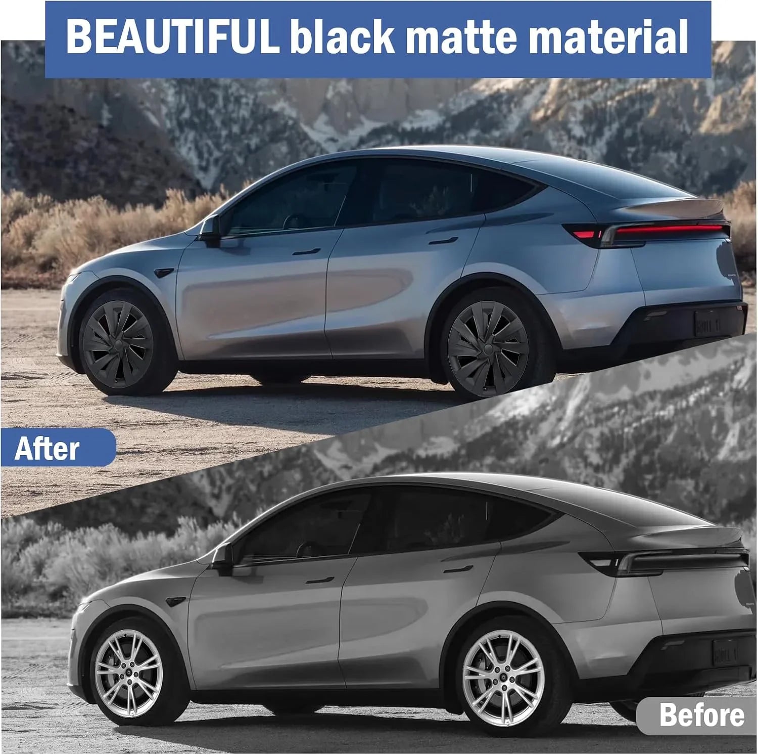 Model Y with 19-inch Matt Black Bladed wheel covers for a sporty appearance
