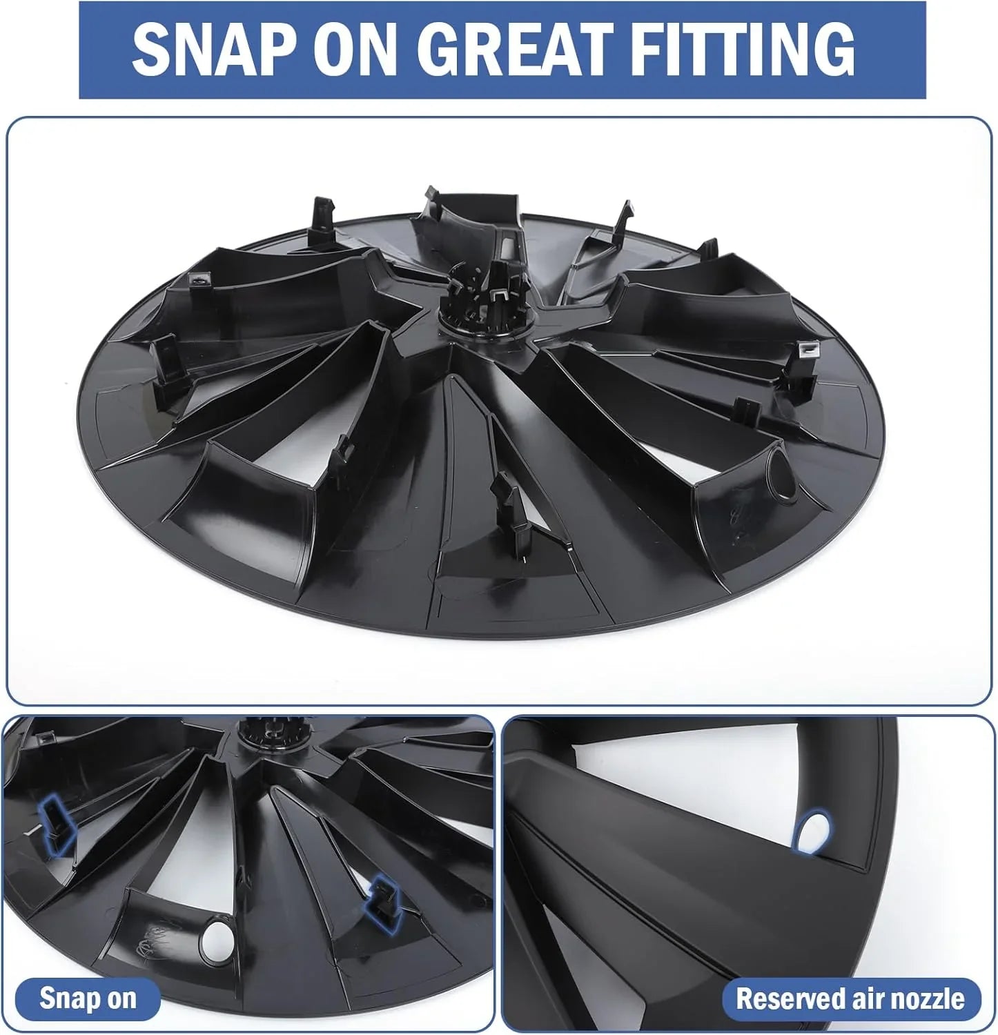 Close-up of the 19-inch Matt Black Bladed wheel cover installed on Model Y