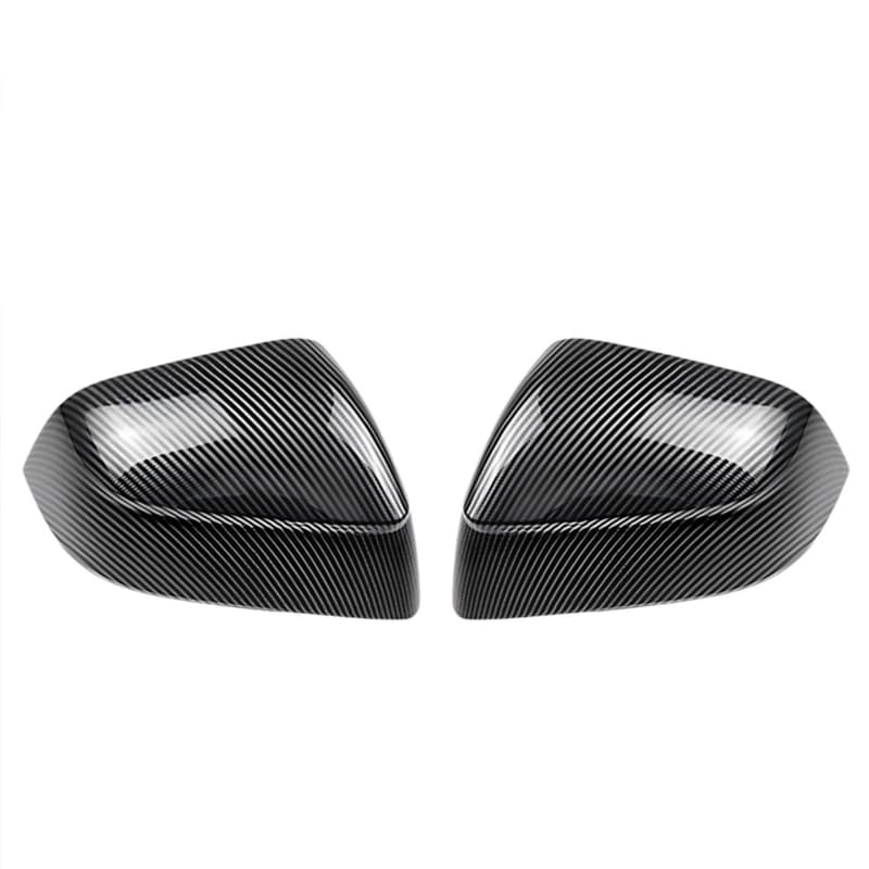 Glossy carbon-fibre-look rear view mirror covers for Tesla Model 3 (2021–2026), displayed as a pair on a white background.
