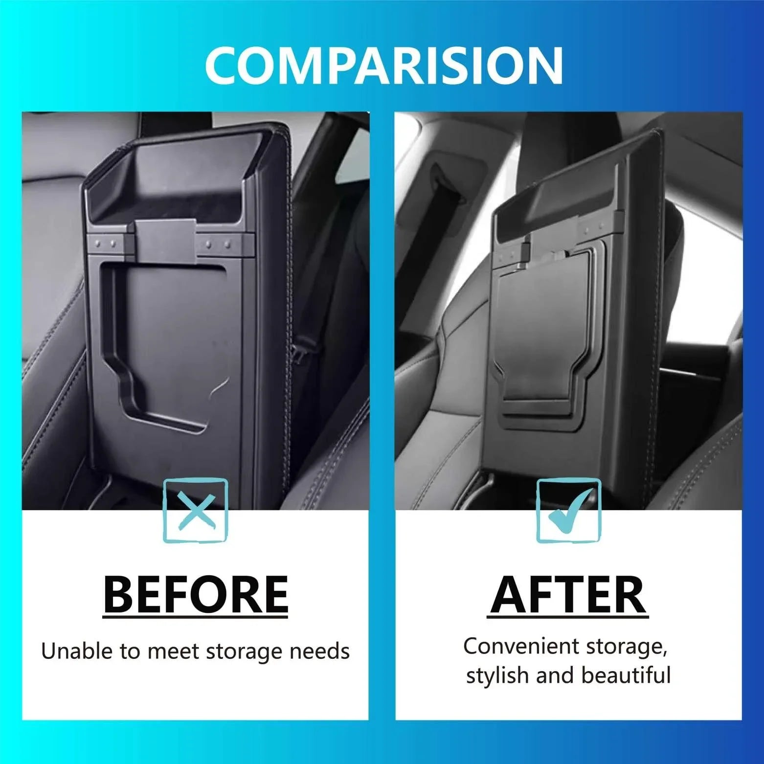 Before and after installation of the armrest secret compartment in Model 3 and Model Y