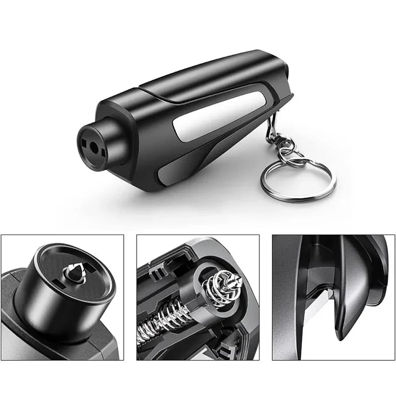 Close-up of the 3-in-1 car safety hammer features