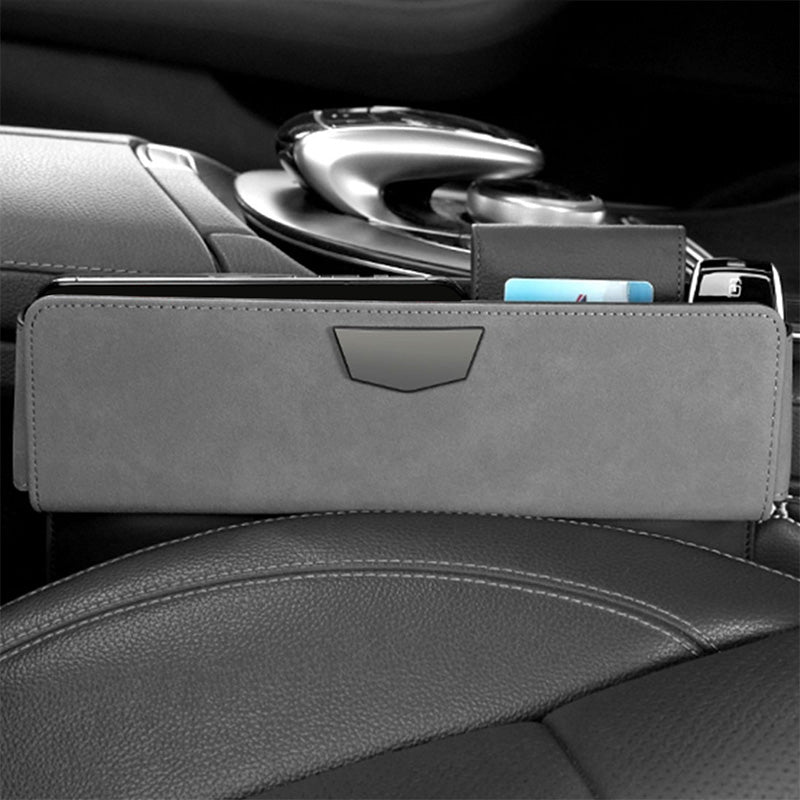 Close-up of the installed car seat gap filler pocket organizer