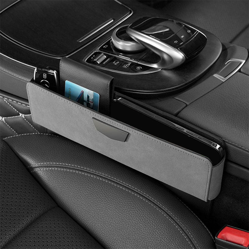 Car seat gap filler and pocket organizer installed between the seat and centre console
