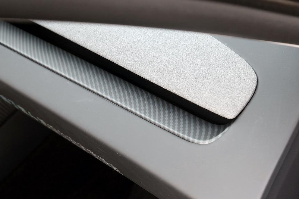 Close-up of the dashboard overlay installed on the passenger side dashboard