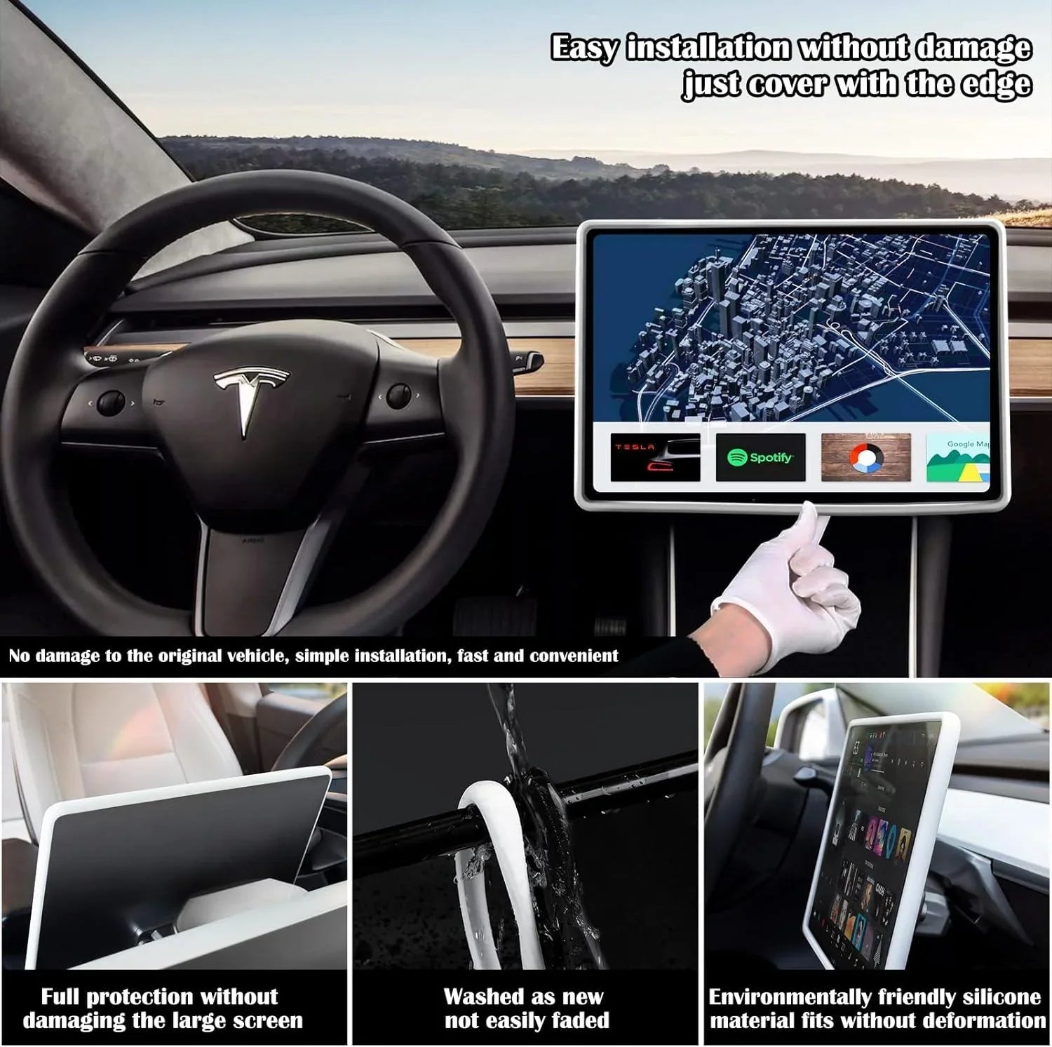 Installing the silicone edge guard screen decor protector on the Tesla touchscreen