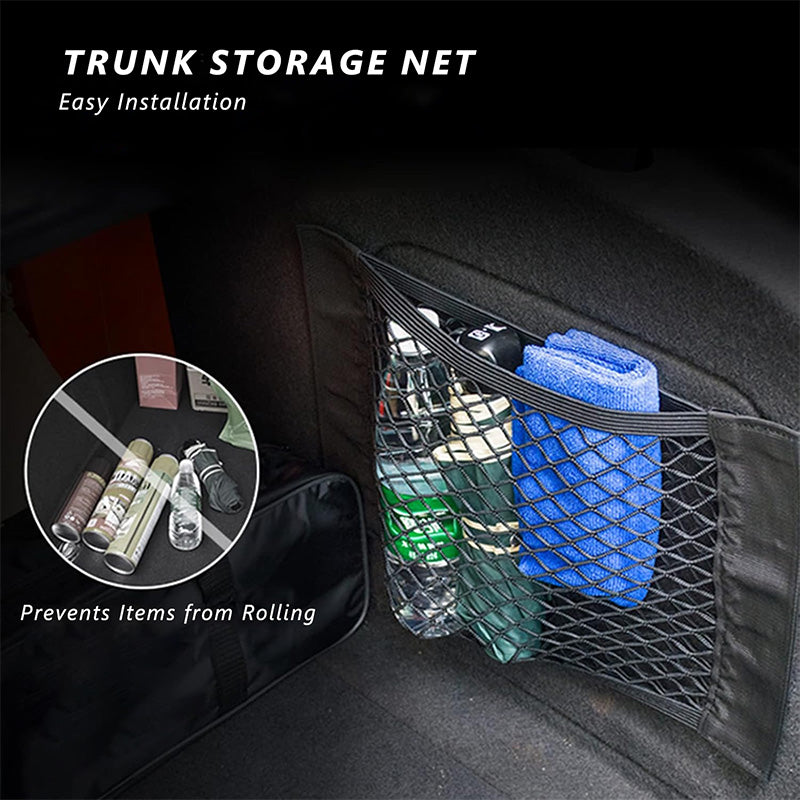 Elastic trunk mesh storage net keeping bottles secure during driving