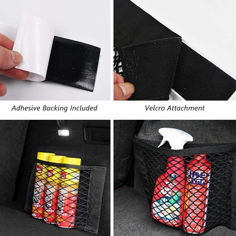 Elastic trunk mesh storage net holding drinks and small items