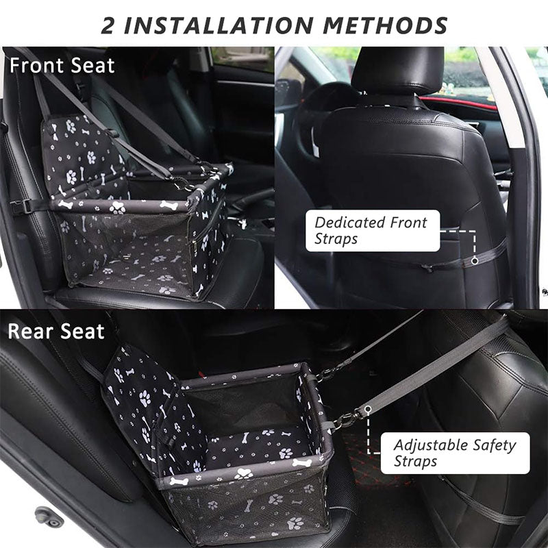 Foldable pet car seat securely fitted to a vehicle seat