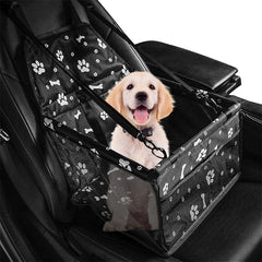 Dog sitting comfortably in the foldable pet car seat and travel bed
