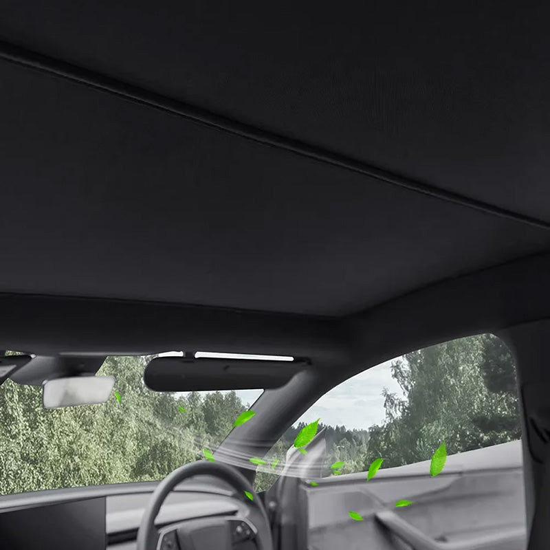 Front glass roof sunshade installed in Model Y L reducing sunlight and heat inside the cabin