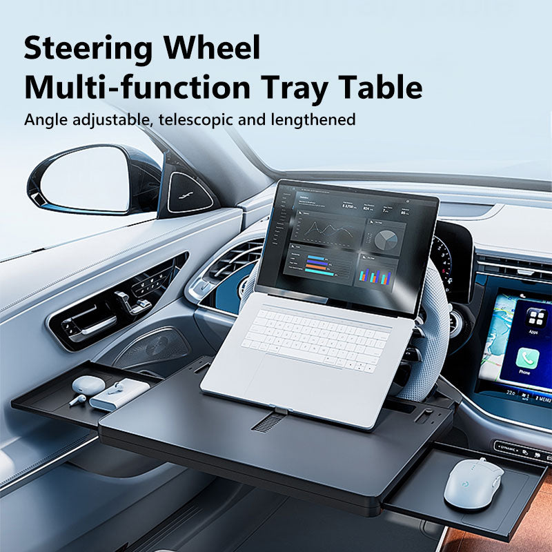 Multi-functional steering wheel tray table with storage and device holders
