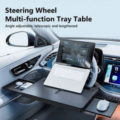 Multi-functional steering wheel tray table with storage and device holders