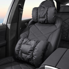 Nappa leather neck and lumbar support pillow installed on a vehicle seat