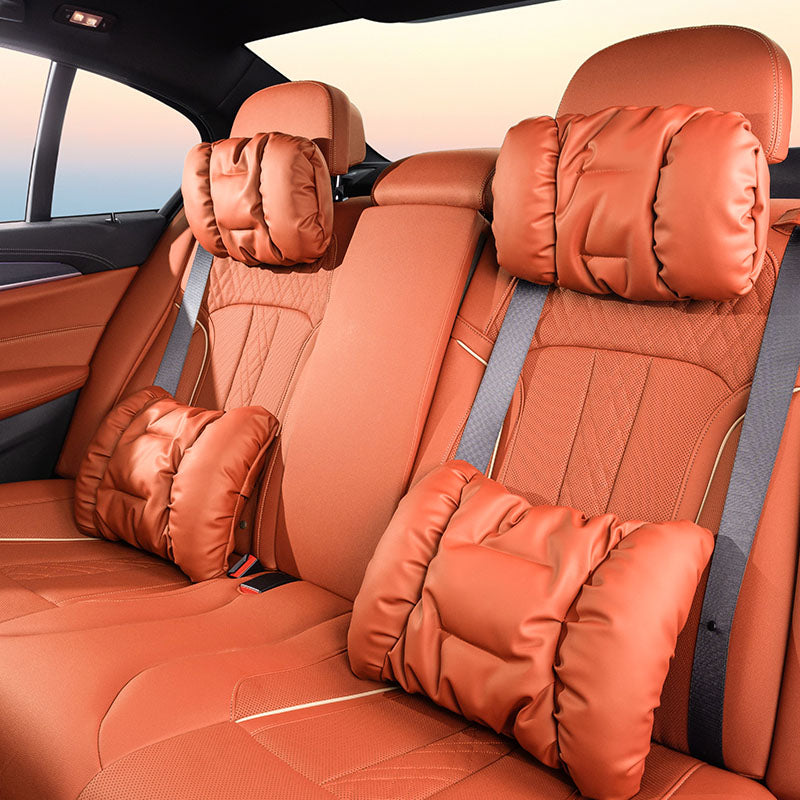 Nappa leather neck and lumbar support pillow set installed in the vehicle