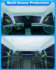 Privacy curtains and window sunshades installed throughout the Model Y cabin