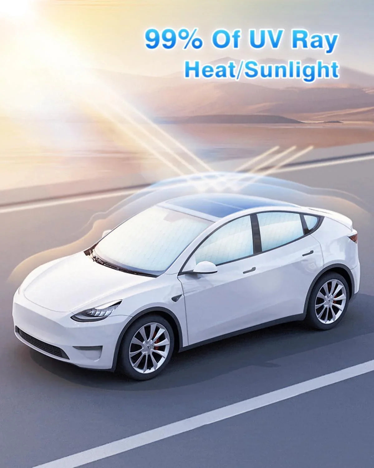 Privacy curtains providing UV protection and reducing interior heat in Model Y
