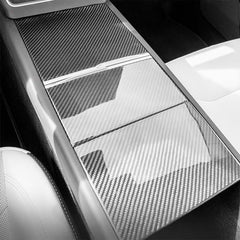 Real carbon fibre centre console storage lid cover trim installed in Tesla Model 3 and Model Y