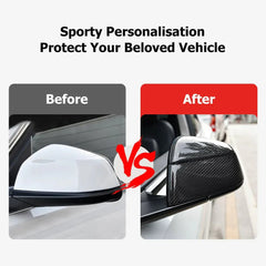 Before and after comparison of real carbon fibre rear view mirror covers on Model Y