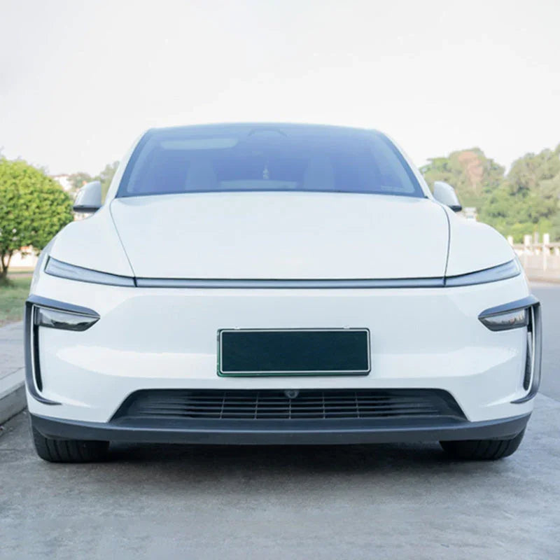 Front view of Model Y with the wind deflector headlight trim installed